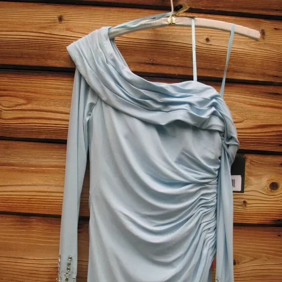 Mac Duggal 26485 Blue Foldover Long Sleeve Jeweled Midi Dress - Picture 7 of 14